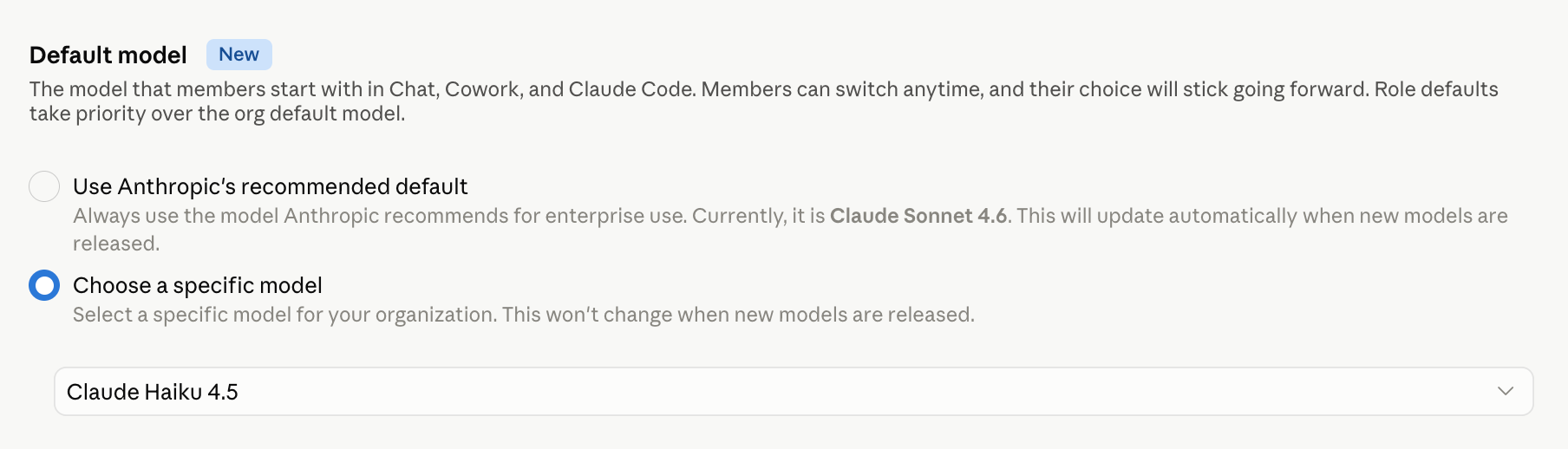 Screenshot — Set a default model for your organization / How default models work