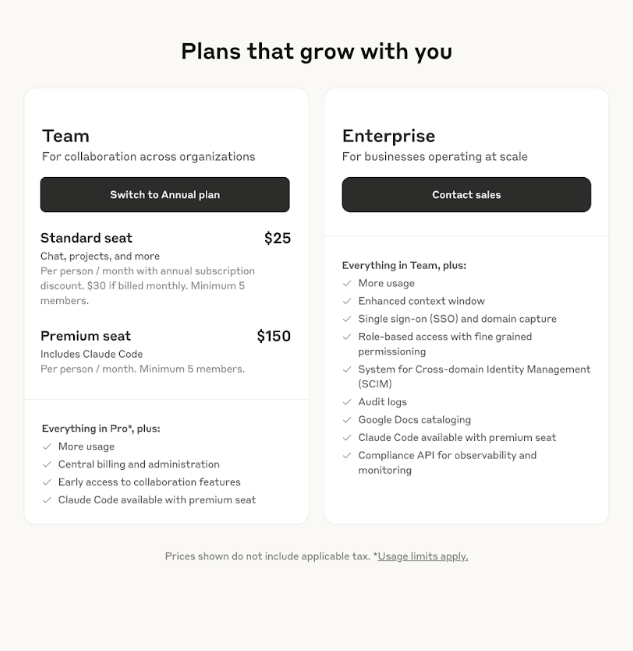 Screenshot — Change your Team plan from monthly to annual billing