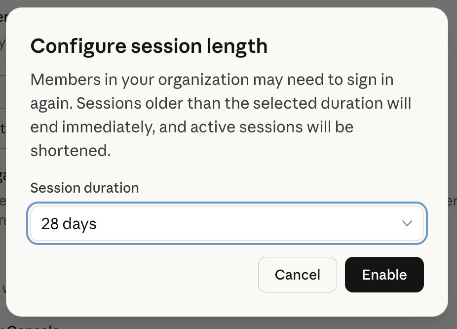 Screenshot — Configuring session security settings / Enabling session length settings