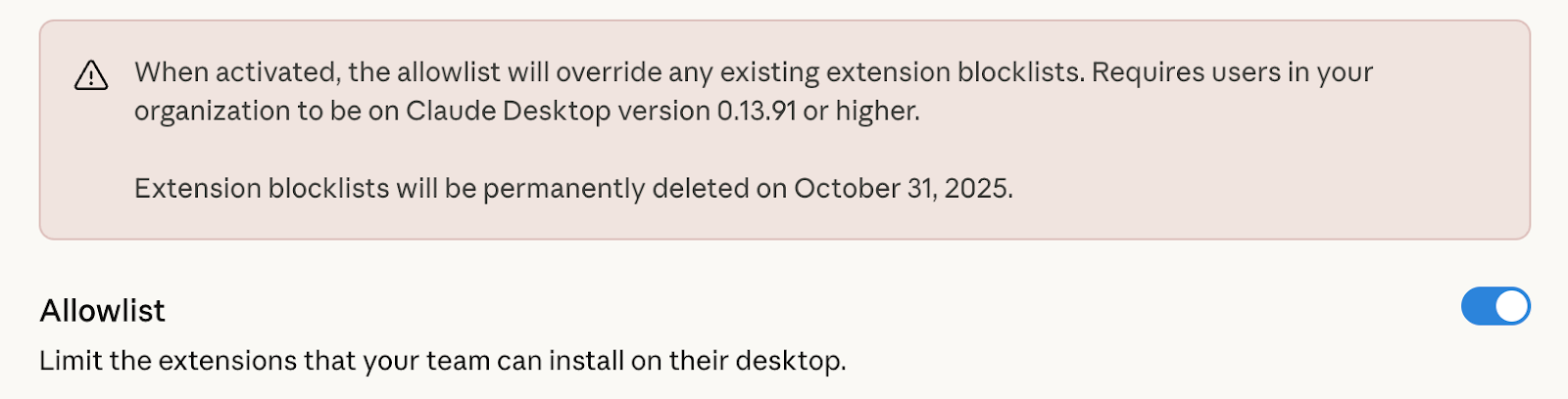 Screenshot — Enabling and using the desktop extension allowlist / How to enable the allowlist (2)