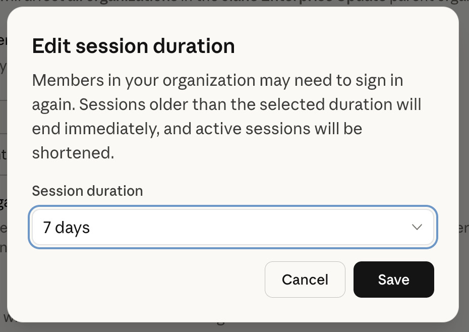 Screenshot — Configuring session security settings / Enabling session length settings (3)