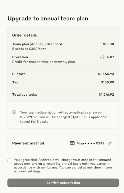 Screenshot — Change your Team plan from monthly to annual billing (2)